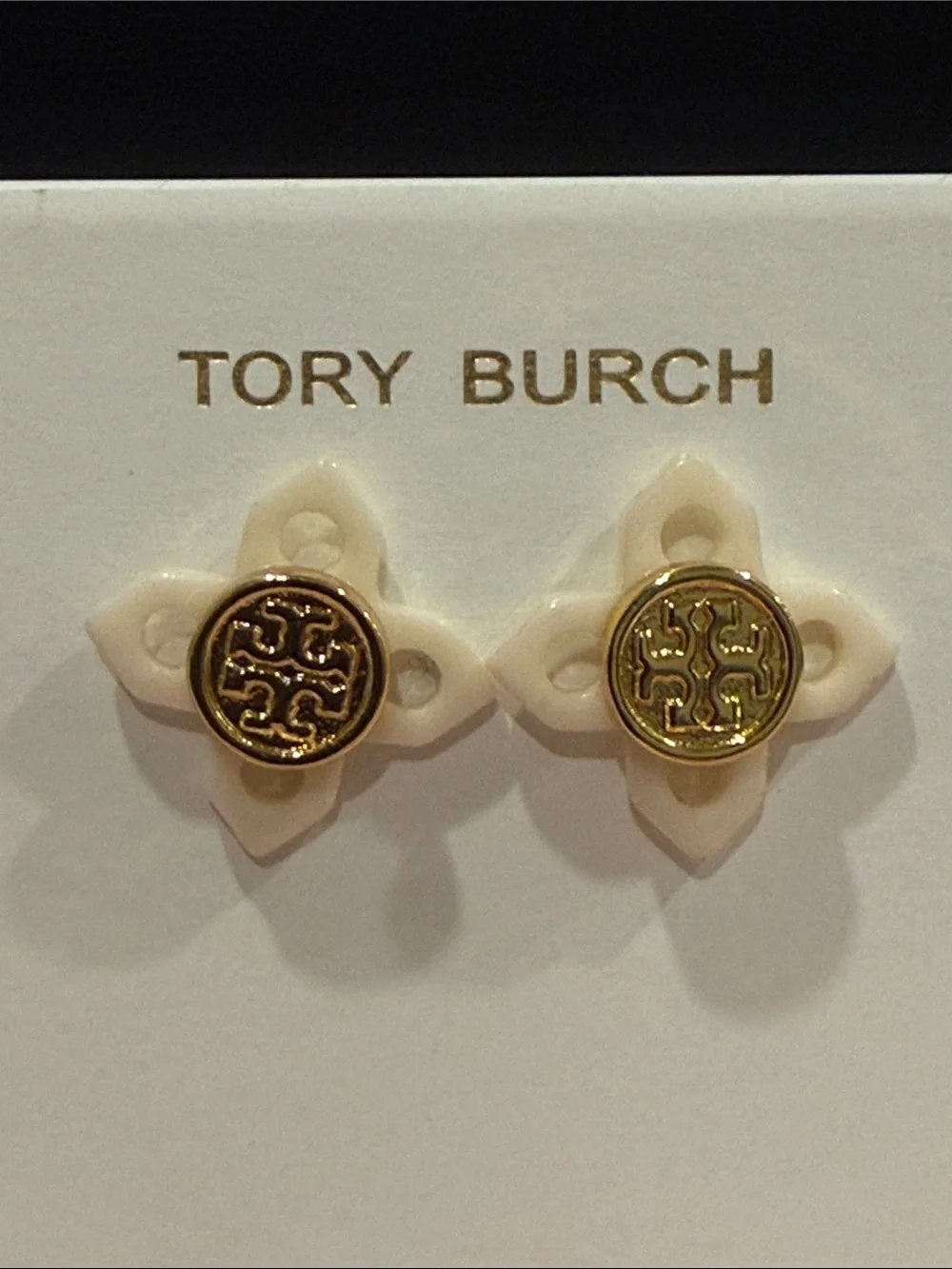 Tory Burch | Gold Plated Logo & Cream Stud Earrings | Small